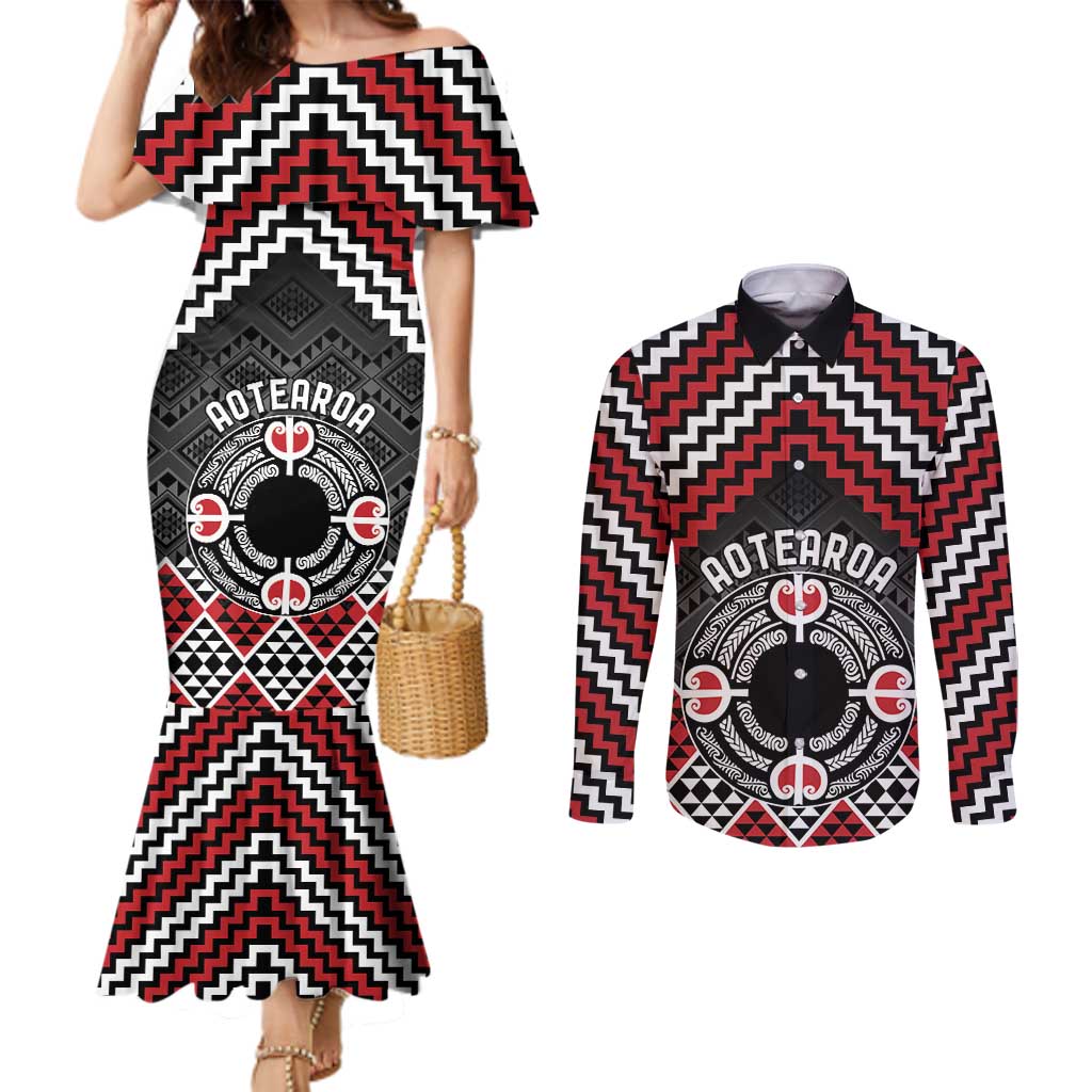 Personalised Aotearoa Niho Taniwha Motif Couples Matching Mermaid Dress and Long Sleeve Button Shirt Red Style
