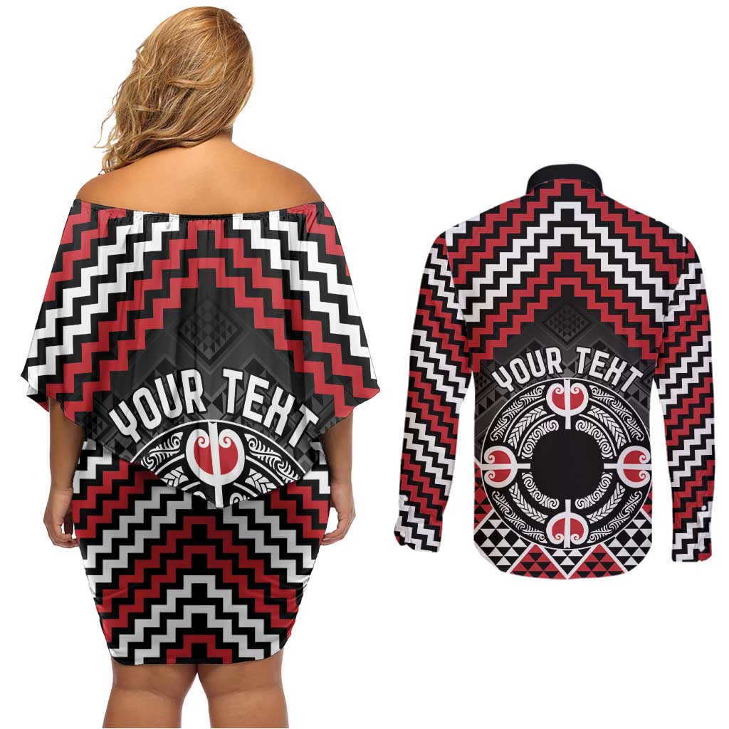 Personalised Aotearoa Niho Taniwha Motif Couples Matching Off Shoulder Short Dress and Long Sleeve Button Shirt Red Style