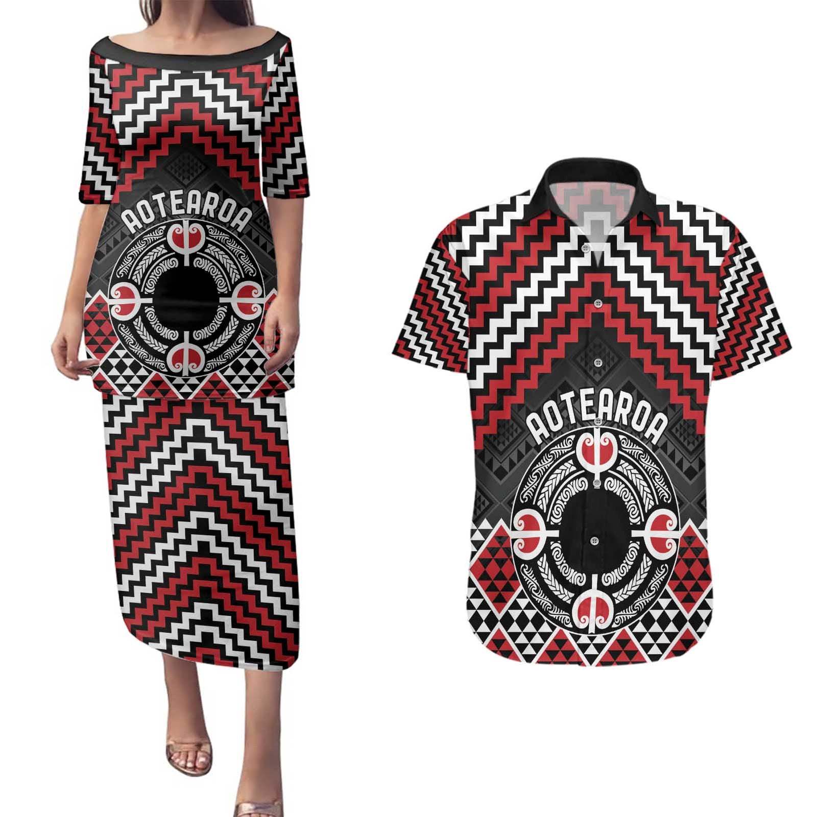 Personalised Aotearoa Niho Taniwha Motif Couples Matching Puletasi and Hawaiian Shirt Red Style LT9 Red - Polynesian Pride