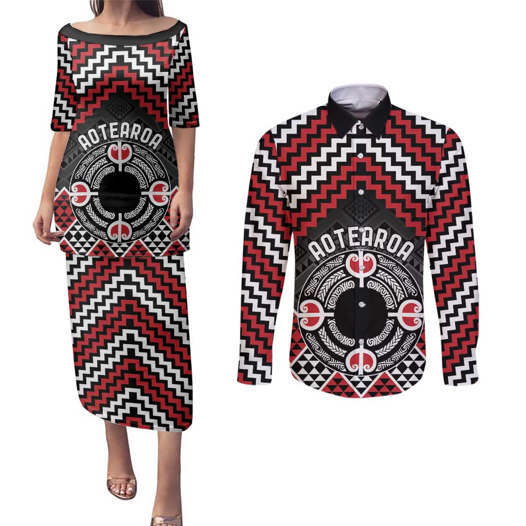 Personalised Aotearoa Niho Taniwha Motif Couples Matching Puletasi and Long Sleeve Button Shirt Red Style