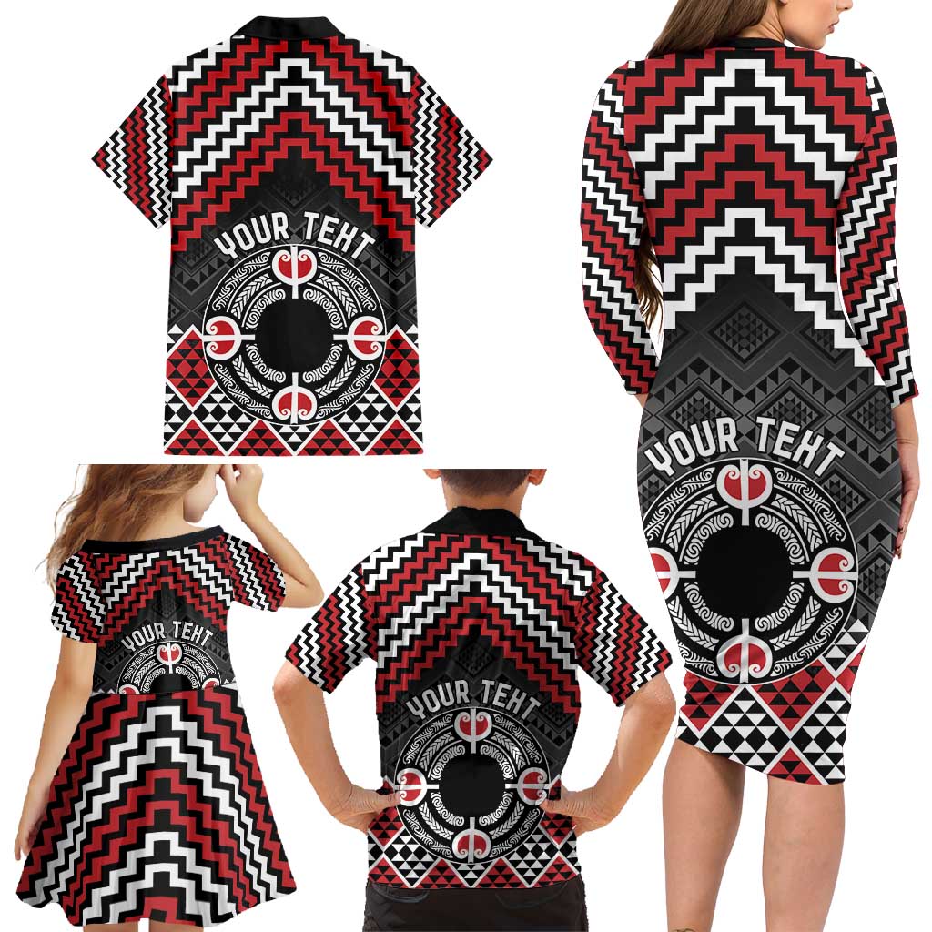 Personalised Aotearoa Niho Taniwha Motif Family Matching Long Sleeve Bodycon Dress and Hawaiian Shirt Red Style LT9 - Polynesian Pride