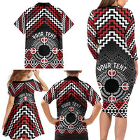 Personalised Aotearoa Niho Taniwha Motif Family Matching Long Sleeve Bodycon Dress and Hawaiian Shirt Red Style LT9 - Polynesian Pride
