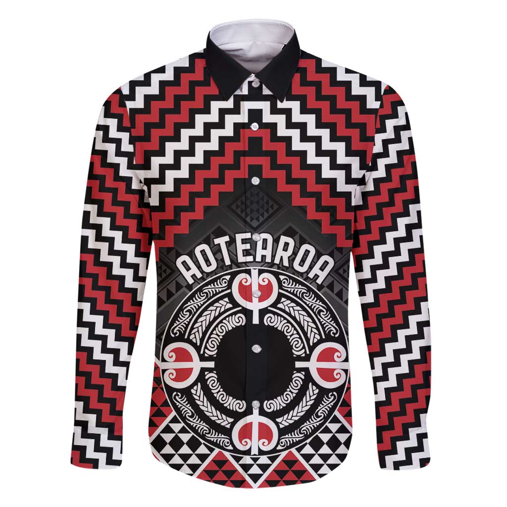 Personalised Aotearoa Niho Taniwha Motif Family Matching Long Sleeve Bodycon Dress and Hawaiian Shirt Red Style LT9 Dad's Shirt - Long Sleeve Red - Polynesian Pride