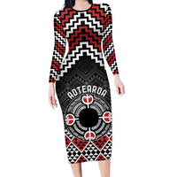 Personalised Aotearoa Niho Taniwha Motif Family Matching Long Sleeve Bodycon Dress and Hawaiian Shirt Red Style LT9 Mom's Dress Red - Polynesian Pride