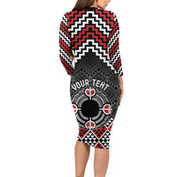 Personalised Aotearoa Niho Taniwha Motif Family Matching Long Sleeve Bodycon Dress and Hawaiian Shirt Red Style LT9 - Polynesian Pride