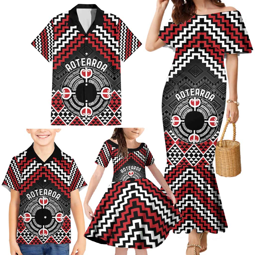 Personalised Aotearoa Niho Taniwha Motif Family Matching Mermaid Dress and Hawaiian Shirt Red Style LT9 - Polynesian Pride