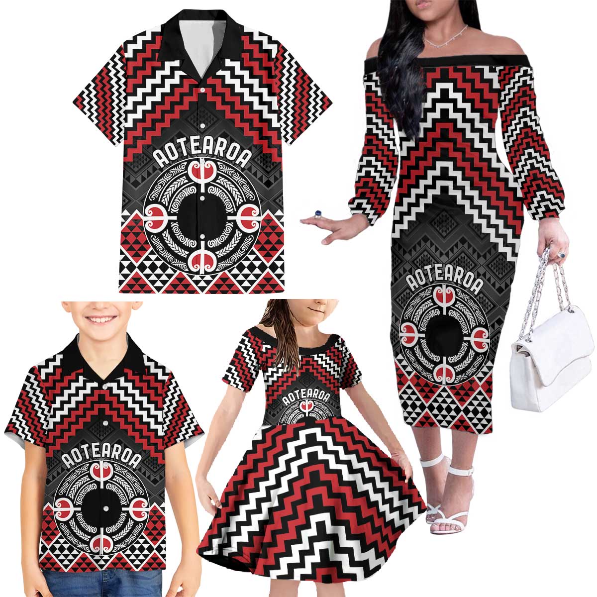 Personalised Aotearoa Niho Taniwha Motif Family Matching Off The Shoulder Long Sleeve Dress and Hawaiian Shirt Red Style LT9 - Polynesian Pride