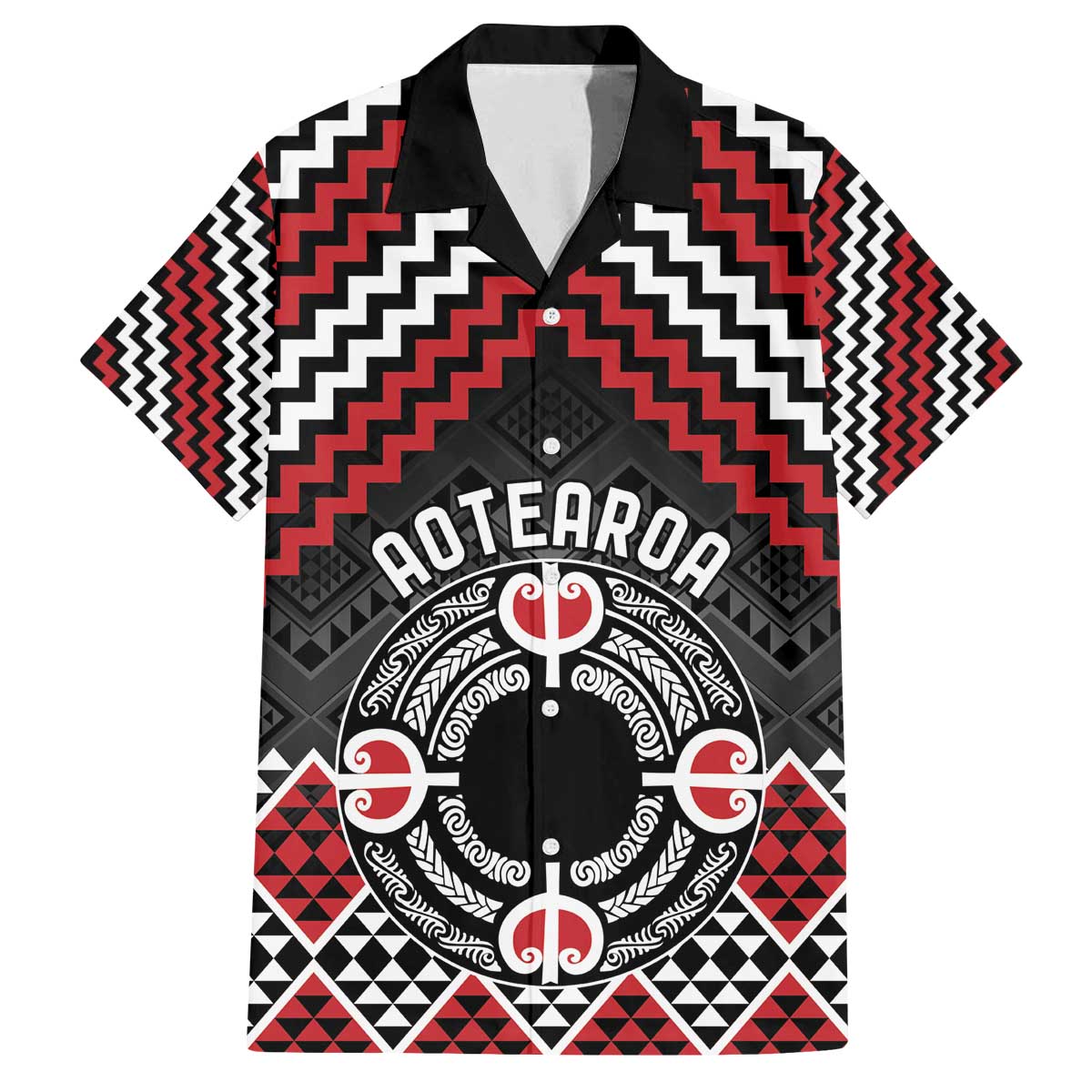 Personalised Aotearoa Niho Taniwha Motif Family Matching Off The Shoulder Long Sleeve Dress and Hawaiian Shirt Red Style LT9 Dad's Shirt - Short Sleeve Red - Polynesian Pride