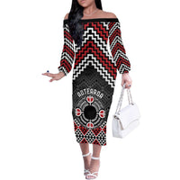 Personalised Aotearoa Niho Taniwha Motif Family Matching Off The Shoulder Long Sleeve Dress and Hawaiian Shirt Red Style LT9 Mom's Dress Red - Polynesian Pride