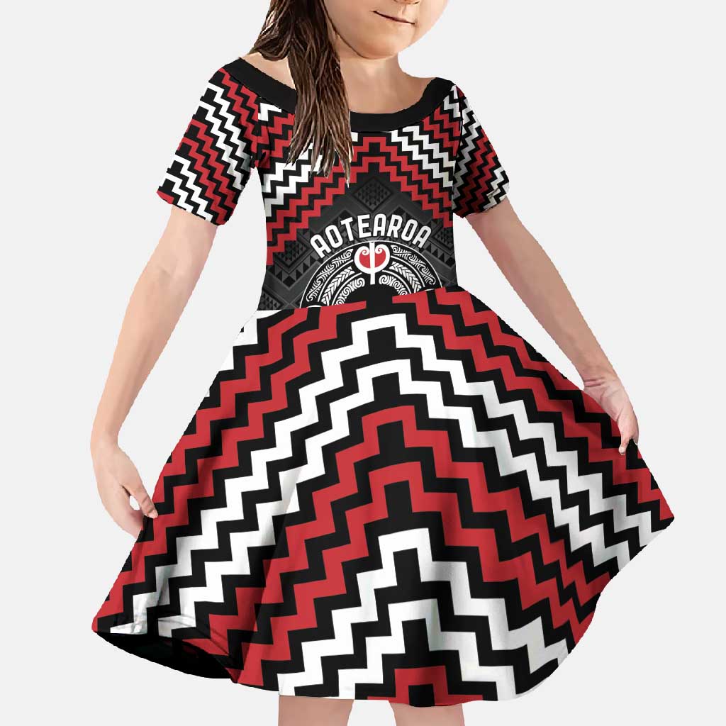 Personalised Aotearoa Niho Taniwha Motif Family Matching Short Sleeve Bodycon Dress and Hawaiian Shirt Red Style LT9 Daughter's Dress Red - Polynesian Pride