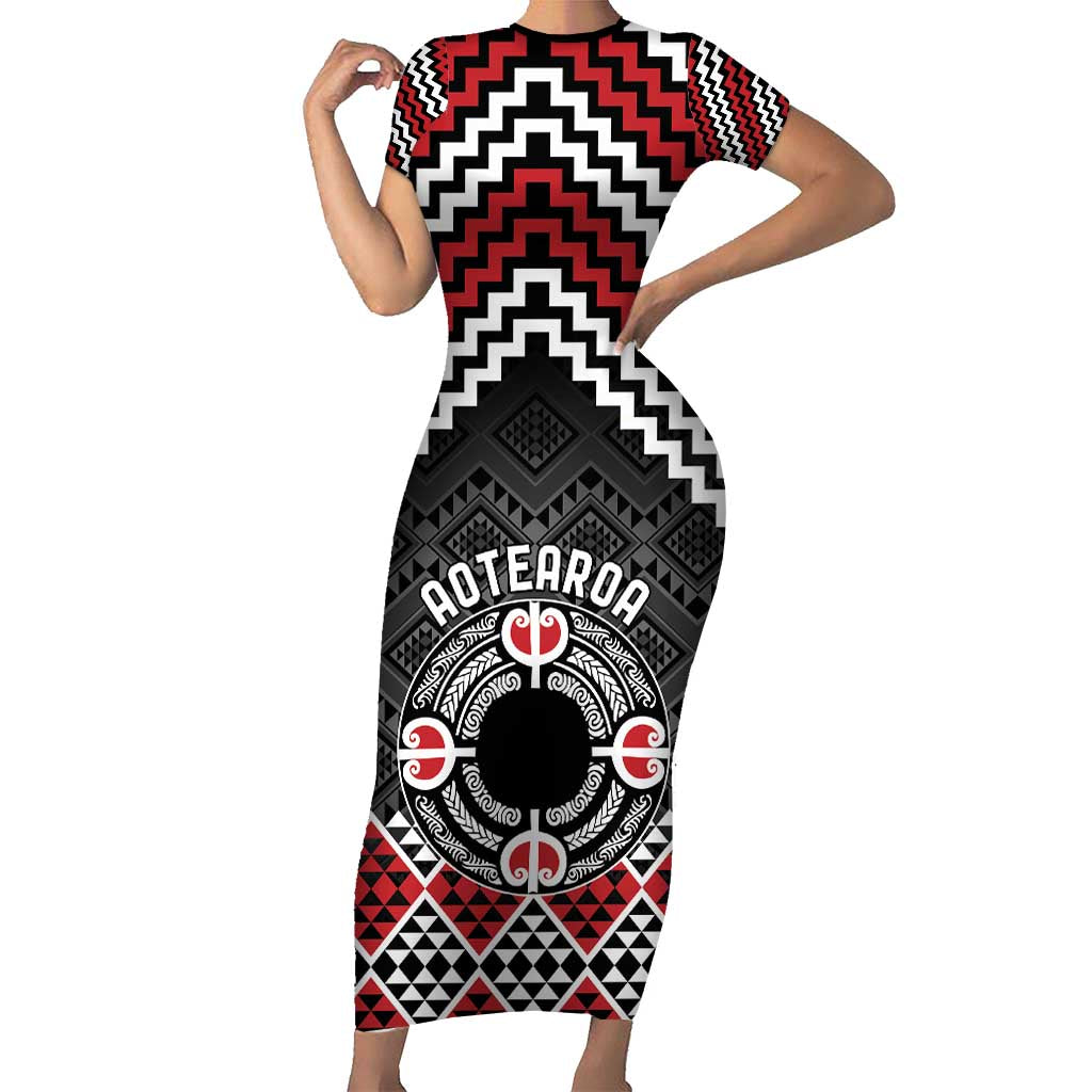Personalised Aotearoa Niho Taniwha Motif Family Matching Short Sleeve Bodycon Dress and Hawaiian Shirt Red Style LT9 Mom's Dress Red - Polynesian Pride