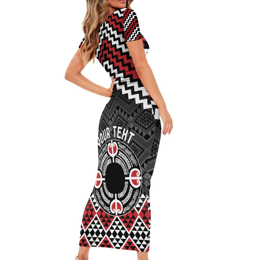 Personalised Aotearoa Niho Taniwha Motif Family Matching Short Sleeve Bodycon Dress and Hawaiian Shirt Red Style LT9 - Polynesian Pride