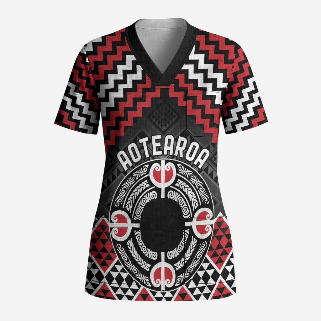 Personalised Aotearoa Niho Taniwha Motif Scrub Top Red Style - Polynesian Pride