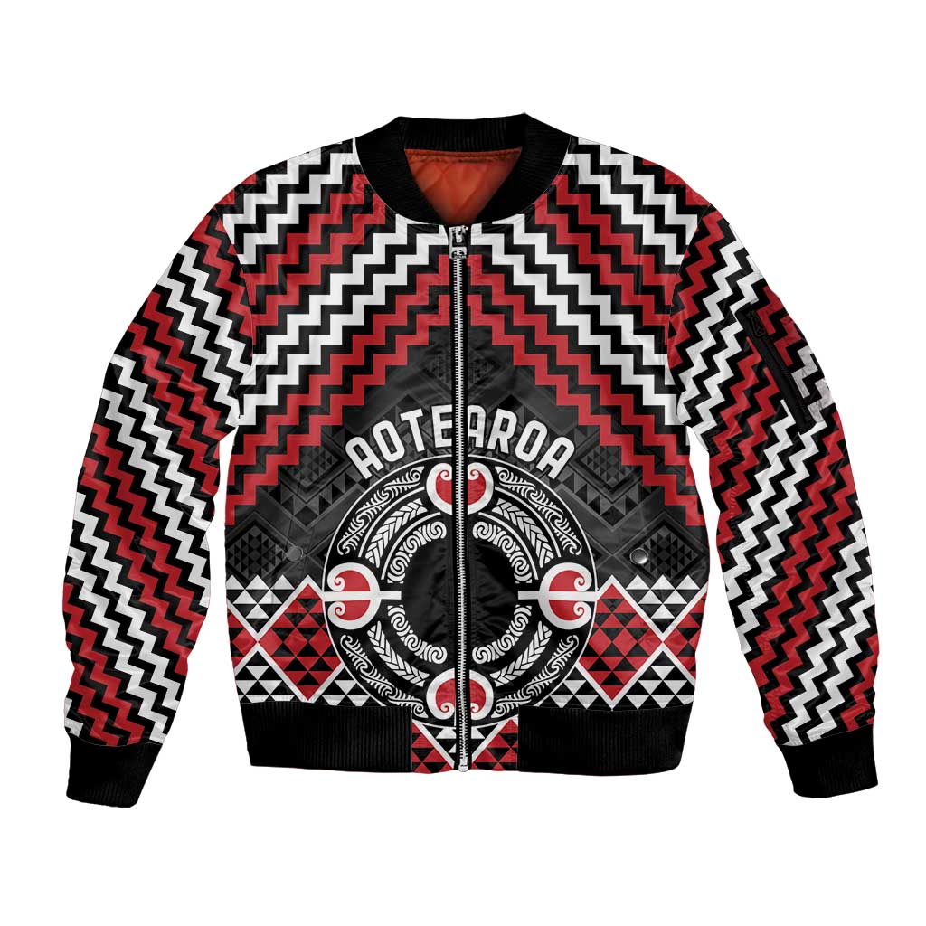 Personalised Aotearoa Niho Taniwha Motif Sleeve Zip Bomber Jacket Red Style LT9 Unisex Red - Polynesian Pride