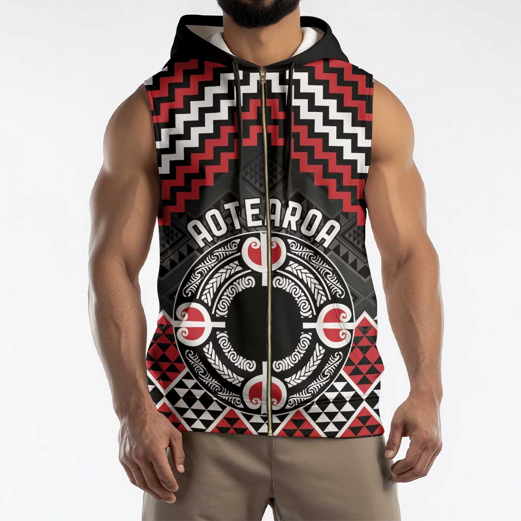 Personalised Aotearoa Niho Taniwha Motif Sleeveless Zip Hoodie Red Style - Polynesian Pride
