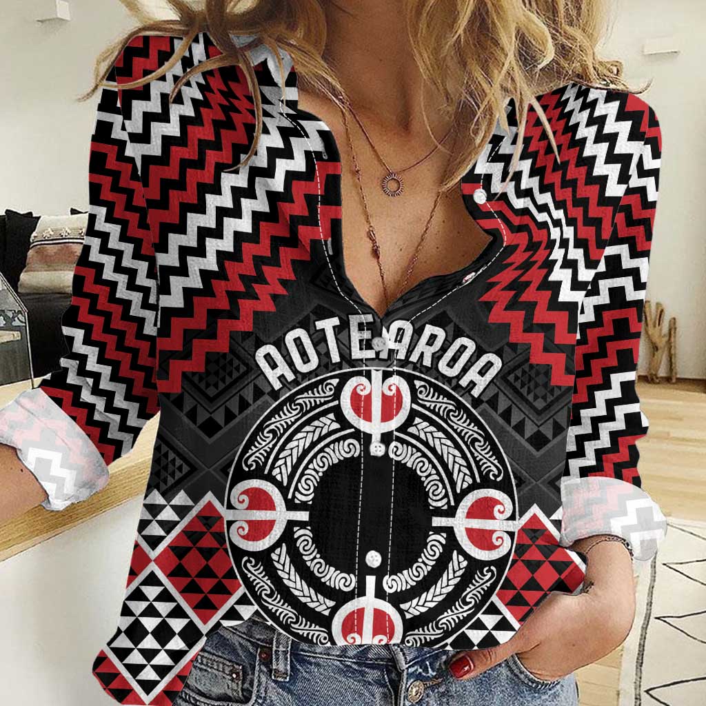 Personalised Aotearoa Niho Taniwha Motif Women Casual Shirt Red Style