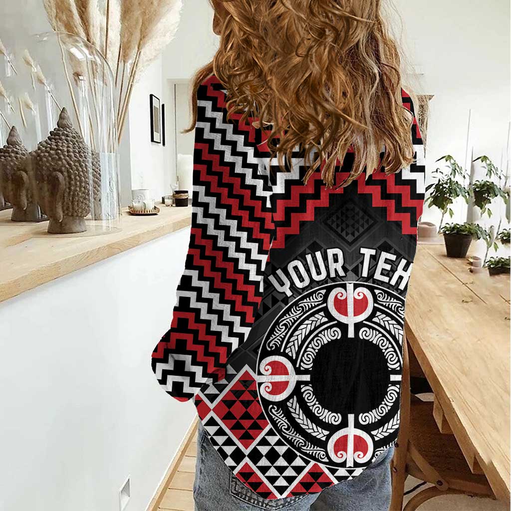 Personalised Aotearoa Niho Taniwha Motif Women Casual Shirt Red Style LT9 - Polynesian Pride