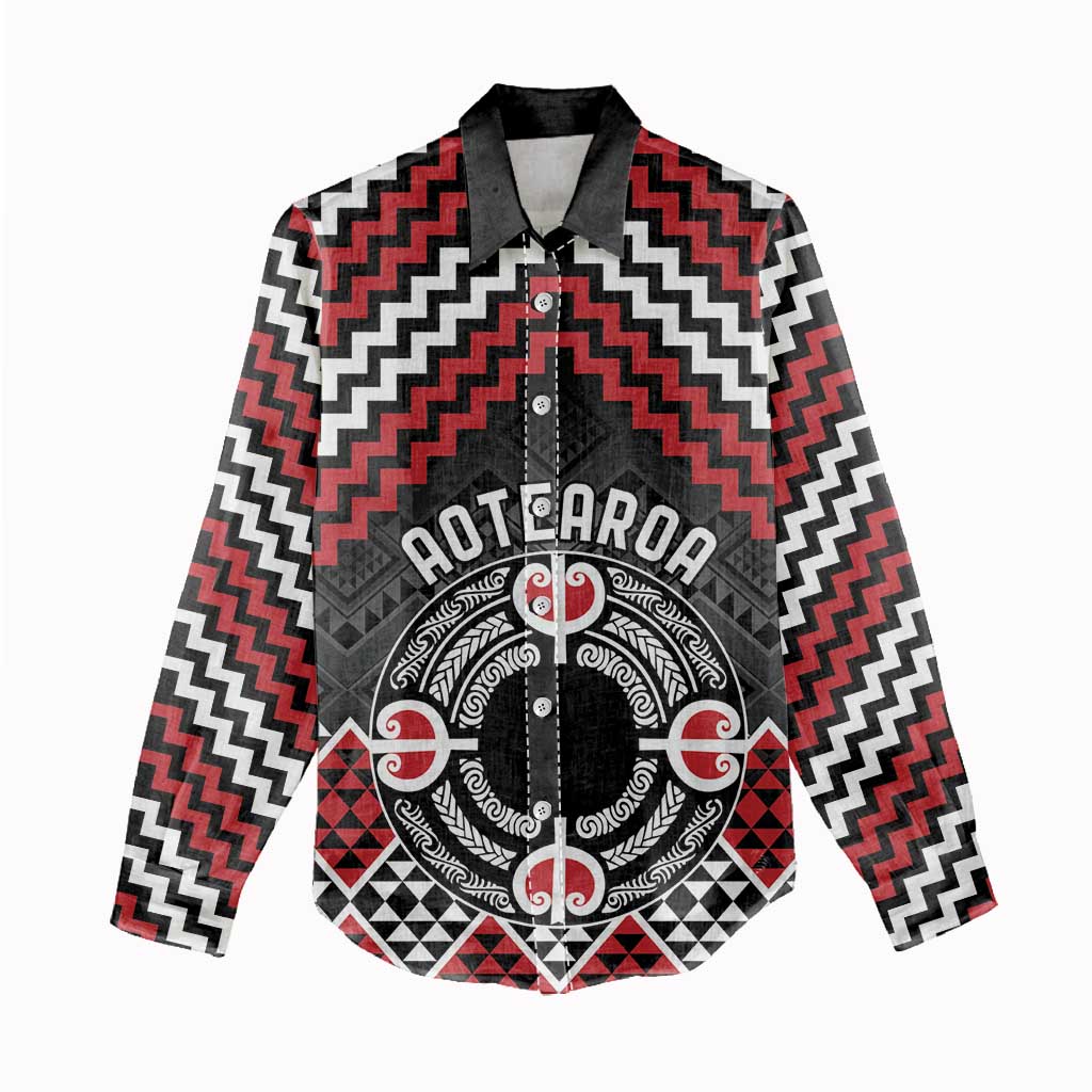 Personalised Aotearoa Niho Taniwha Motif Women Casual Shirt Red Style LT9 - Polynesian Pride