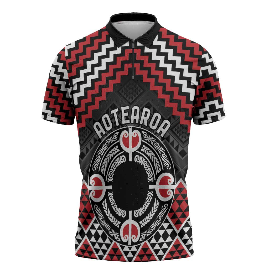 Personalised Aotearoa Niho Taniwha Motif Zipper Polo Shirt Red Style - Polynesian Pride