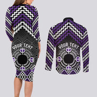 Personalised Aotearoa Niho Taniwha Motif Couples Matching Long Sleeve Bodycon Dress and Long Sleeve Button Shirt Violet Style