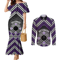 Personalised Aotearoa Niho Taniwha Motif Couples Matching Mermaid Dress and Long Sleeve Button Shirt Violet Style