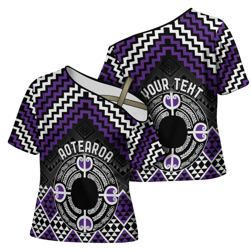 Personalised Aotearoa Niho Taniwha Motif Cross Shoulder Shirt Violet Style - Polynesian Pride