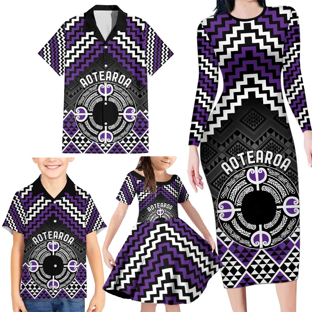 Personalised Aotearoa Niho Taniwha Motif Family Matching Long Sleeve Bodycon Dress and Hawaiian Shirt Violet Style LT9 - Polynesian Pride