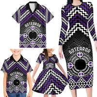 Personalised Aotearoa Niho Taniwha Motif Family Matching Long Sleeve Bodycon Dress and Hawaiian Shirt Violet Style LT9 - Polynesian Pride