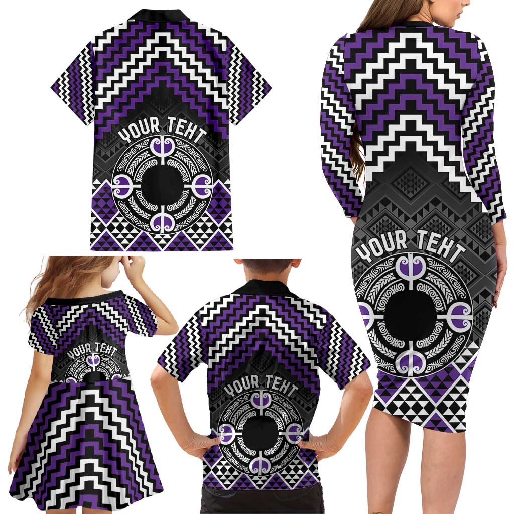 Personalised Aotearoa Niho Taniwha Motif Family Matching Long Sleeve Bodycon Dress and Hawaiian Shirt Violet Style LT9 - Polynesian Pride