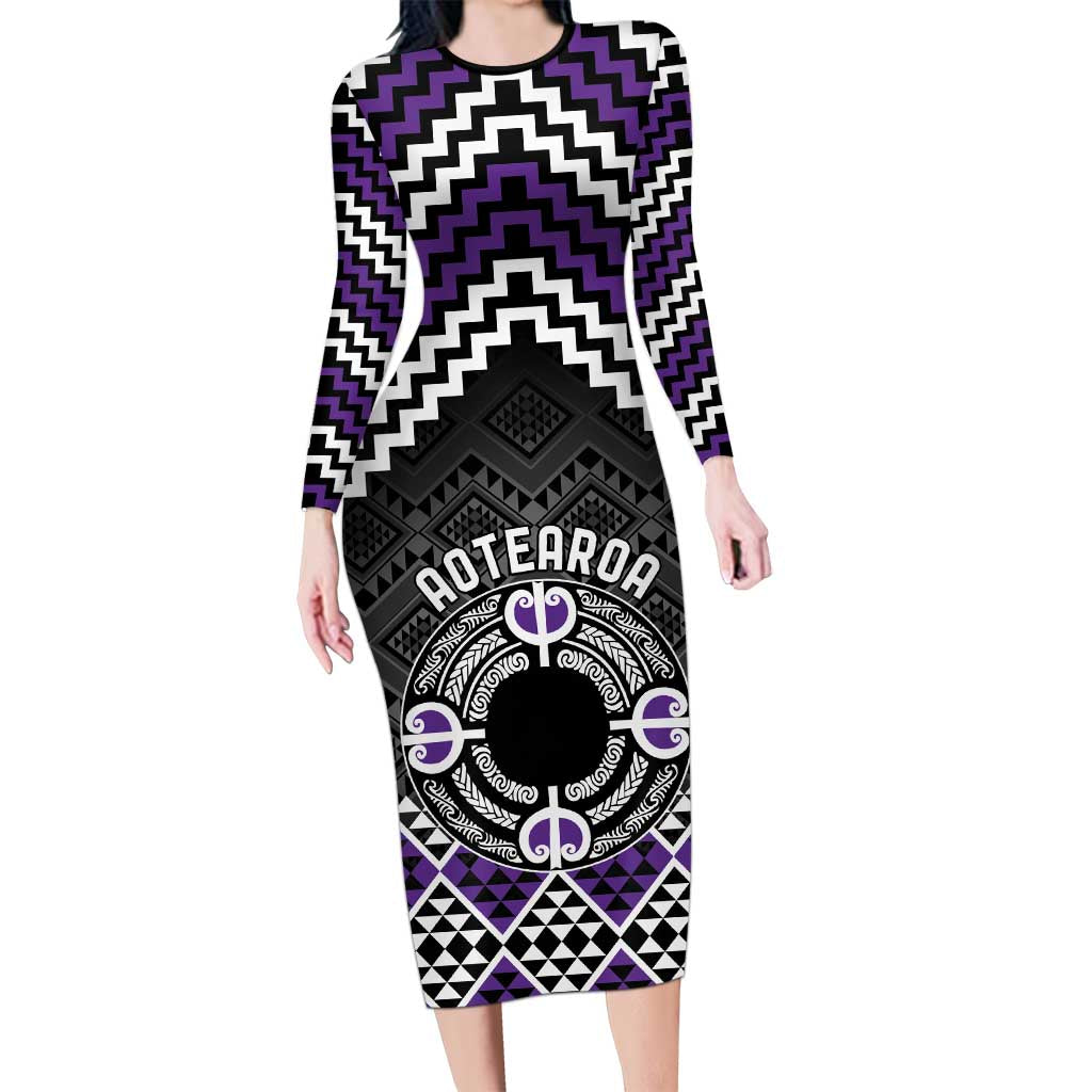 Personalised Aotearoa Niho Taniwha Motif Family Matching Long Sleeve Bodycon Dress and Hawaiian Shirt Violet Style LT9 Mom's Dress Violet - Polynesian Pride