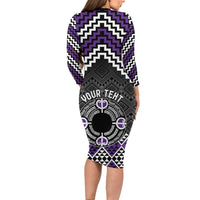 Personalised Aotearoa Niho Taniwha Motif Family Matching Long Sleeve Bodycon Dress and Hawaiian Shirt Violet Style LT9 - Polynesian Pride