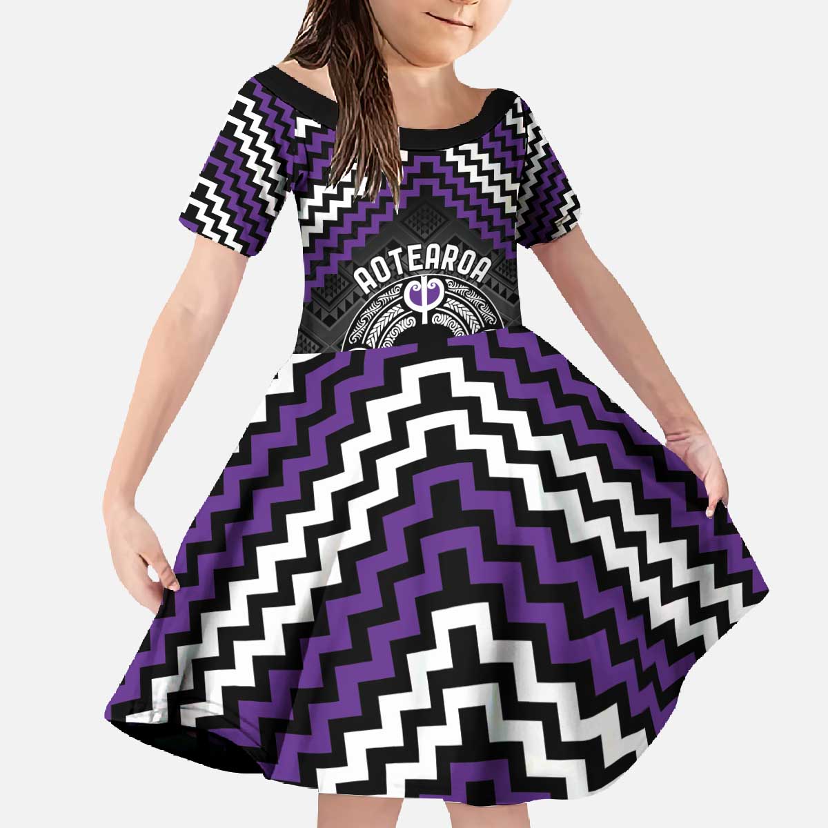 Personalised Aotearoa Niho Taniwha Motif Family Matching Off The Shoulder Long Sleeve Dress and Hawaiian Shirt Violet Style LT9 Daughter's Dress Violet - Polynesian Pride