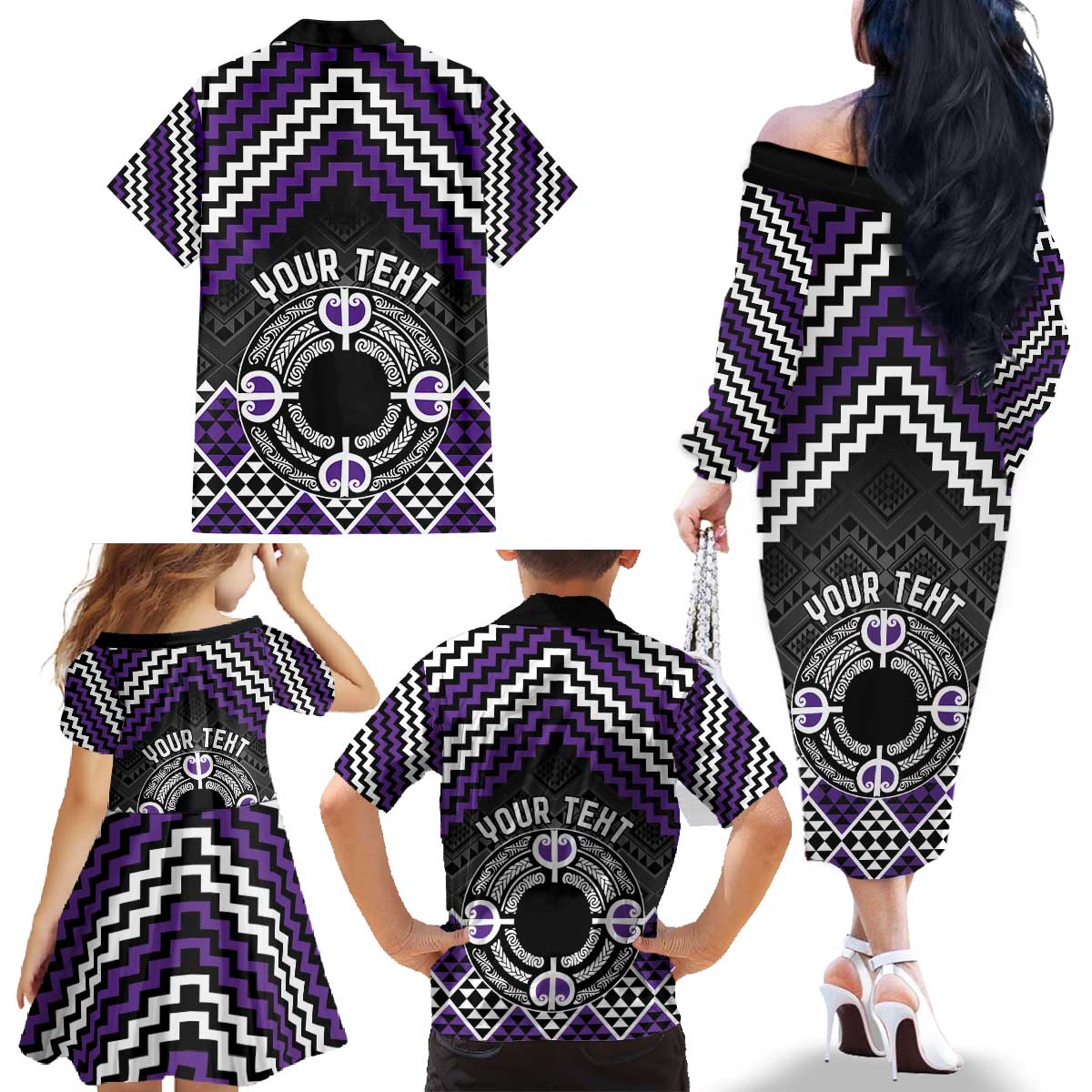 Personalised Aotearoa Niho Taniwha Motif Family Matching Off The Shoulder Long Sleeve Dress and Hawaiian Shirt Violet Style LT9 - Polynesian Pride