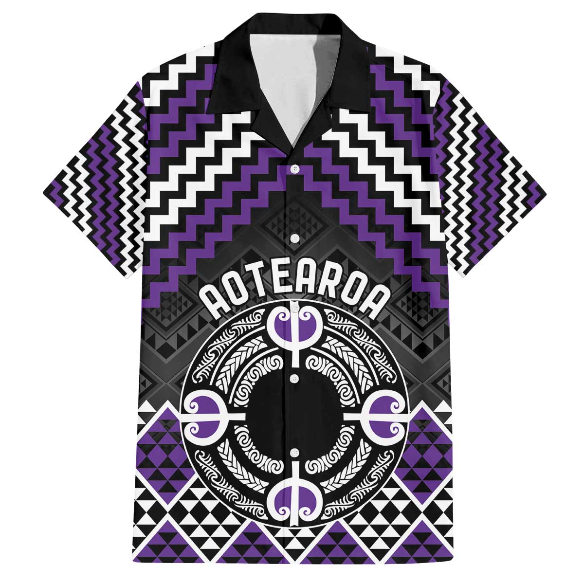 Personalised Aotearoa Niho Taniwha Motif Family Matching Off The Shoulder Long Sleeve Dress and Hawaiian Shirt Violet Style LT9 Dad's Shirt - Short Sleeve Violet - Polynesian Pride