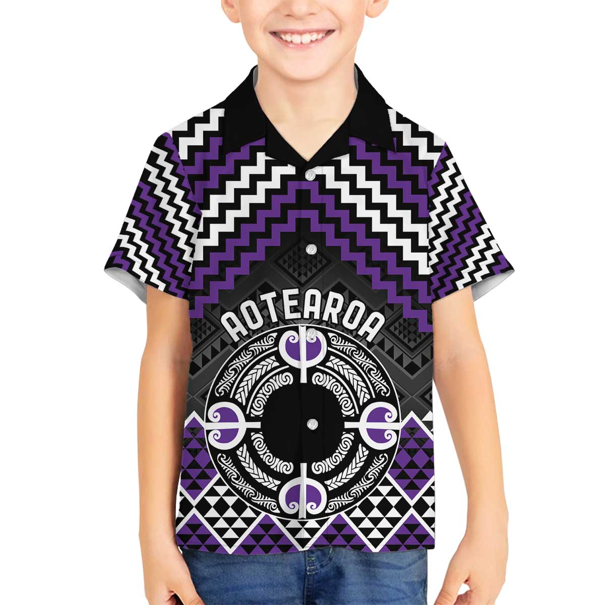 Personalised Aotearoa Niho Taniwha Motif Family Matching Off The Shoulder Long Sleeve Dress and Hawaiian Shirt Violet Style LT9 Son's Shirt Violet - Polynesian Pride