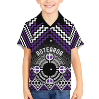 Personalised Aotearoa Niho Taniwha Motif Family Matching Off The Shoulder Long Sleeve Dress and Hawaiian Shirt Violet Style LT9 Son's Shirt Violet - Polynesian Pride