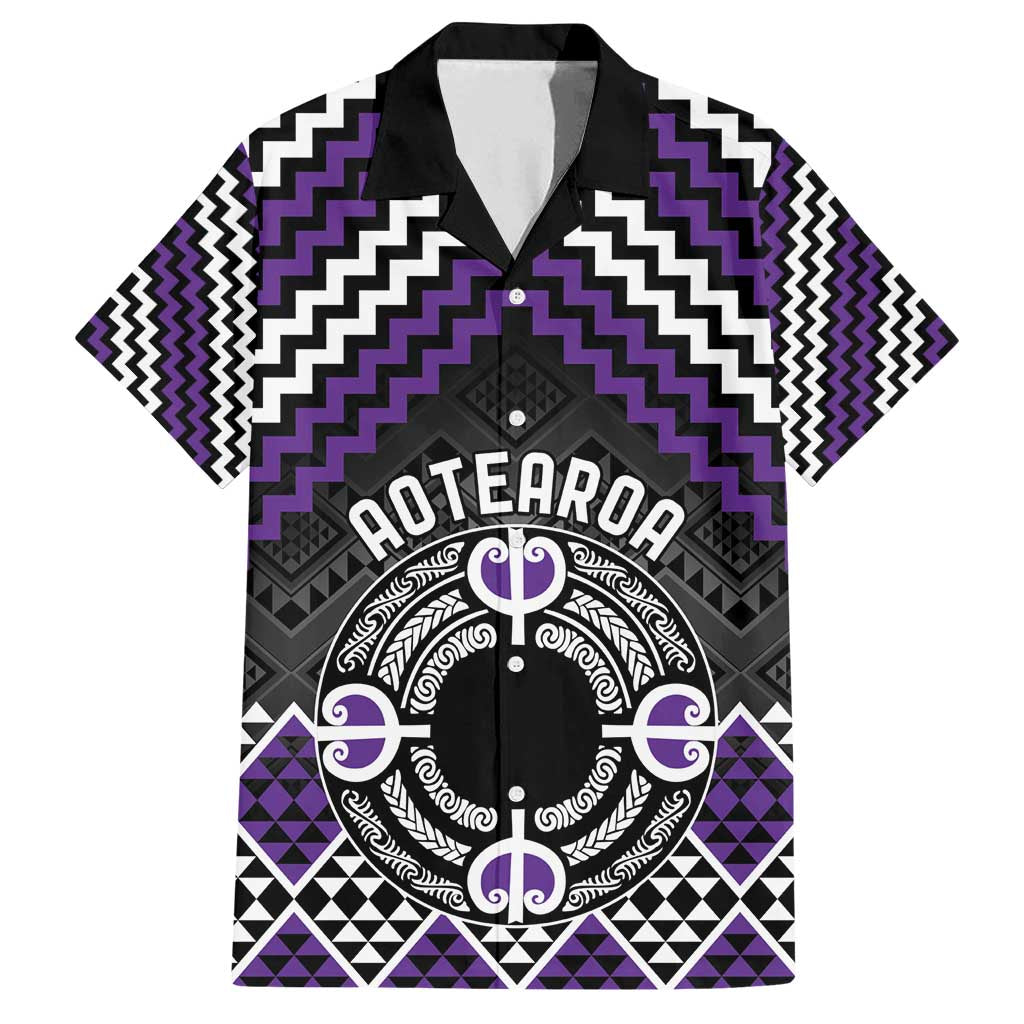 Personalised Aotearoa Niho Taniwha Motif Family Matching Off Shoulder Short Dress and Hawaiian Shirt Violet Style