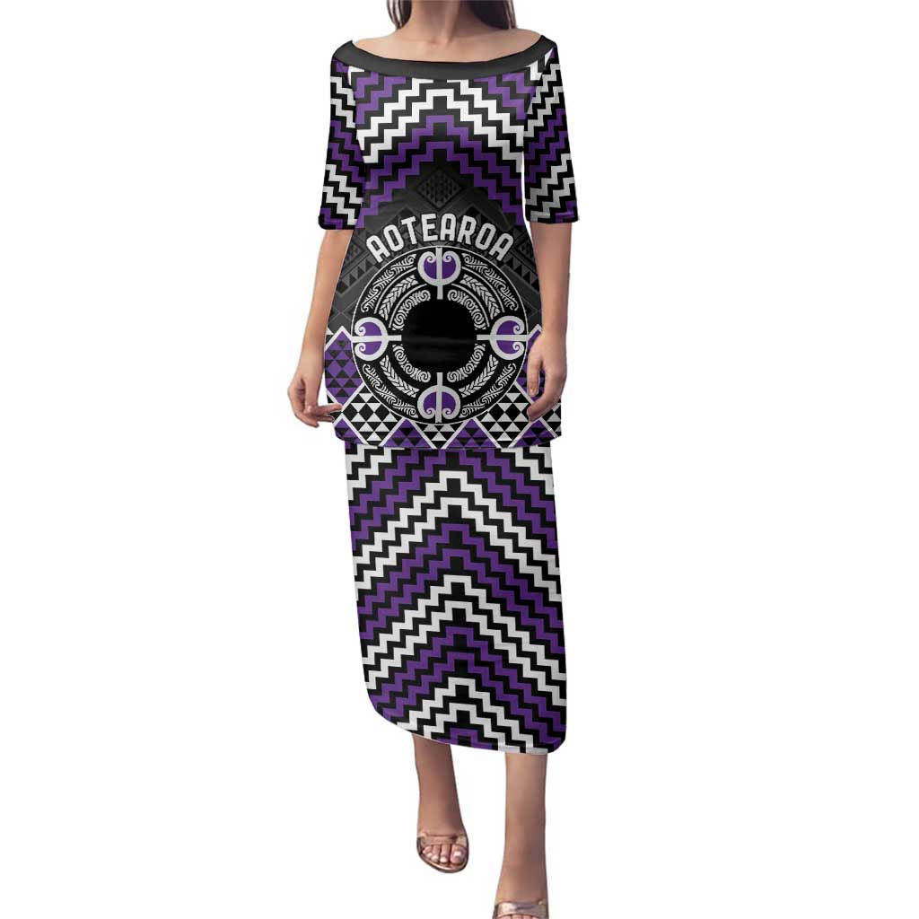Personalised Aotearoa Niho Taniwha Motif Family Matching Puletasi and Hawaiian Shirt Violet Style