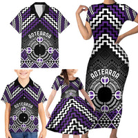 Personalised Aotearoa Niho Taniwha Motif Family Matching Short Sleeve Bodycon Dress and Hawaiian Shirt Violet Style LT9 - Polynesian Pride