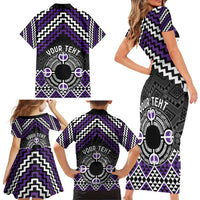 Personalised Aotearoa Niho Taniwha Motif Family Matching Short Sleeve Bodycon Dress and Hawaiian Shirt Violet Style LT9 - Polynesian Pride