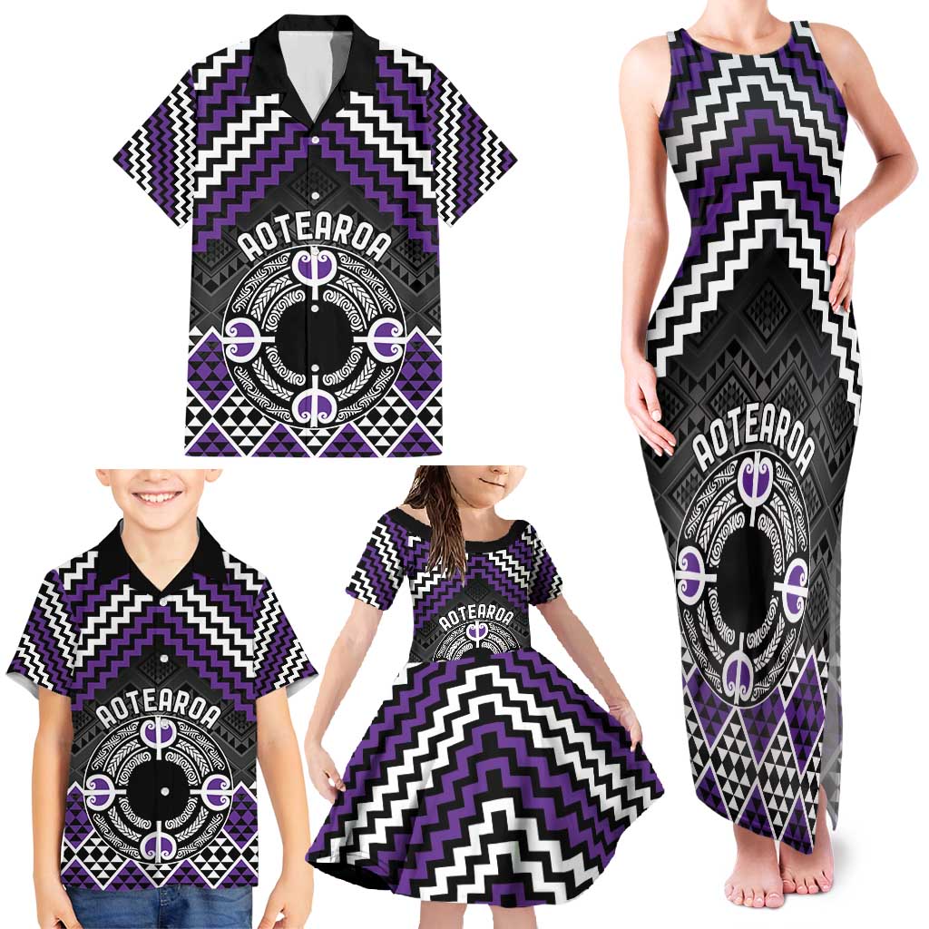Personalised Aotearoa Niho Taniwha Motif Family Matching Tank Maxi Dress and Hawaiian Shirt Violet Style LT9 - Polynesian Pride