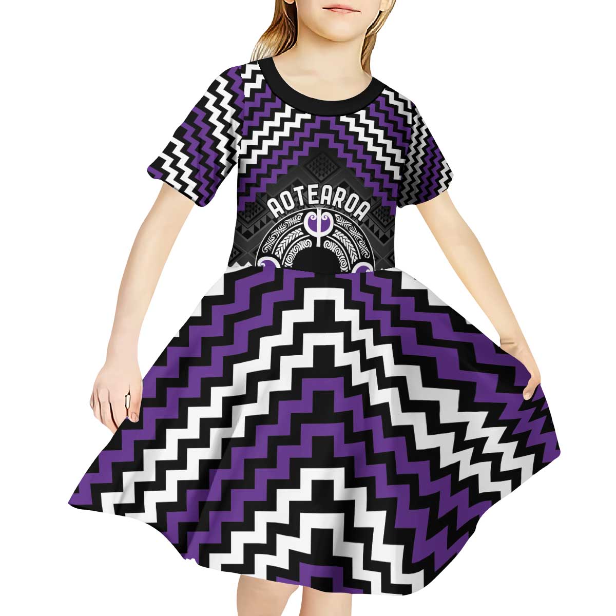 Personalised Aotearoa Niho Taniwha Motif Kid Short Sleeve Dress Violet Style