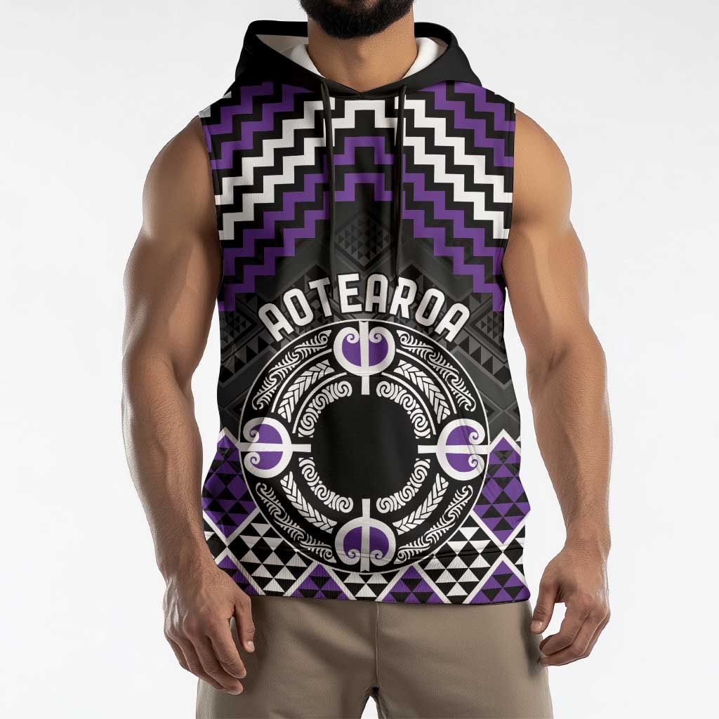 Personalised Aotearoa Niho Taniwha Motif Sleeveless Hoodie Violet Style - Polynesian Pride
