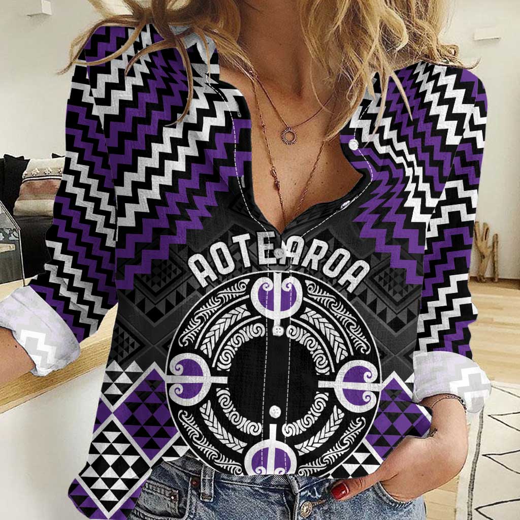 Personalised Aotearoa Niho Taniwha Motif Women Casual Shirt Violet Style LT9 Female Violet - Polynesian Pride