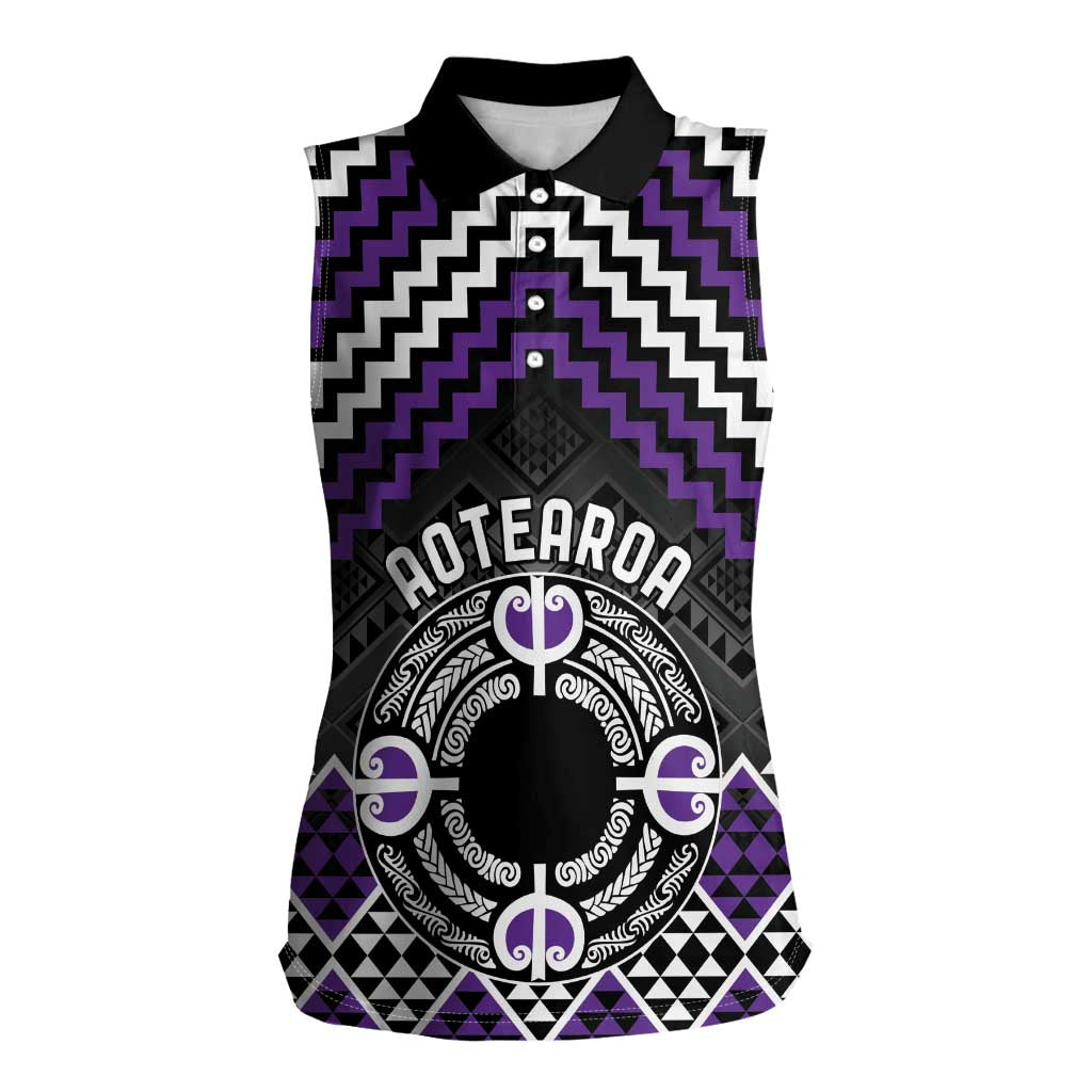 Personalised Aotearoa Niho Taniwha Motif Women Sleeveless Polo Shirt Violet Style