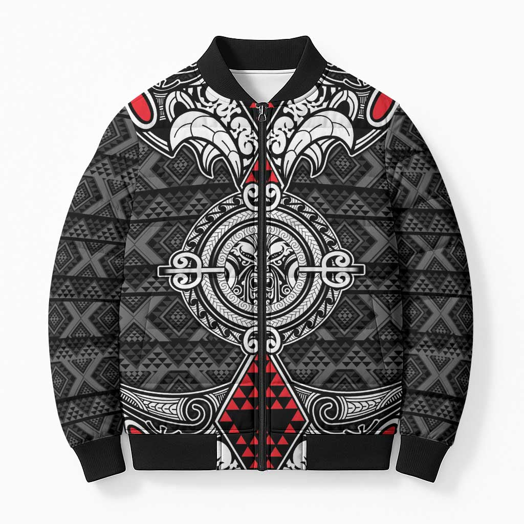 Black Aotearoa Taniko Motif Bomber Puffer Jacket Vintage Maori New Zealand Tribal Art Pattern - Polynesian Pride