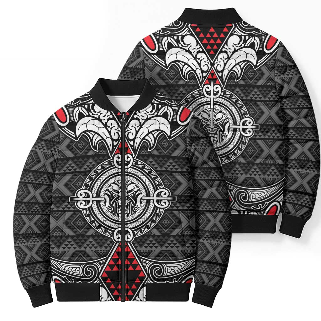 Black Aotearoa Taniko Motif Bomber Puffer Jacket Vintage Maori New Zealand Tribal Art Pattern - Polynesian Pride