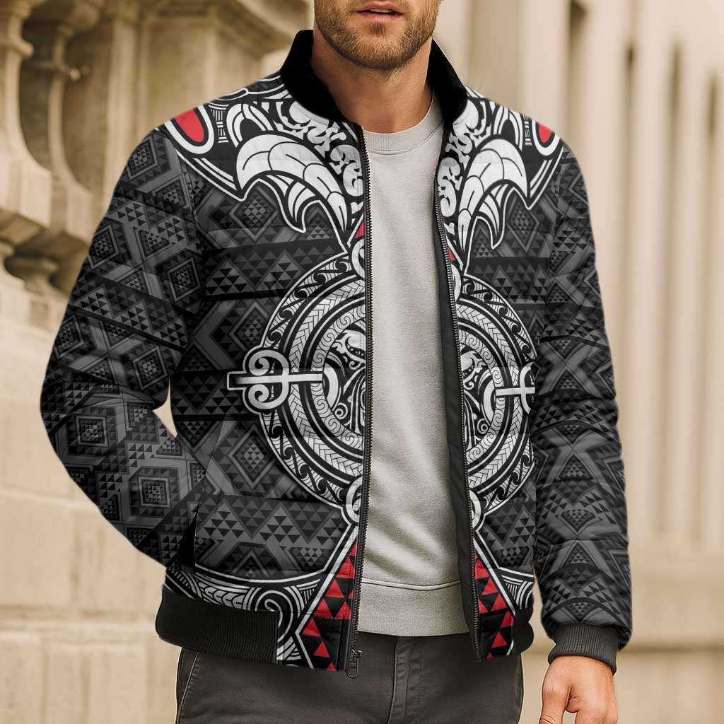 Black Aotearoa Taniko Motif Bomber Puffer Jacket Vintage Maori New Zealand Tribal Art Pattern - Polynesian Pride