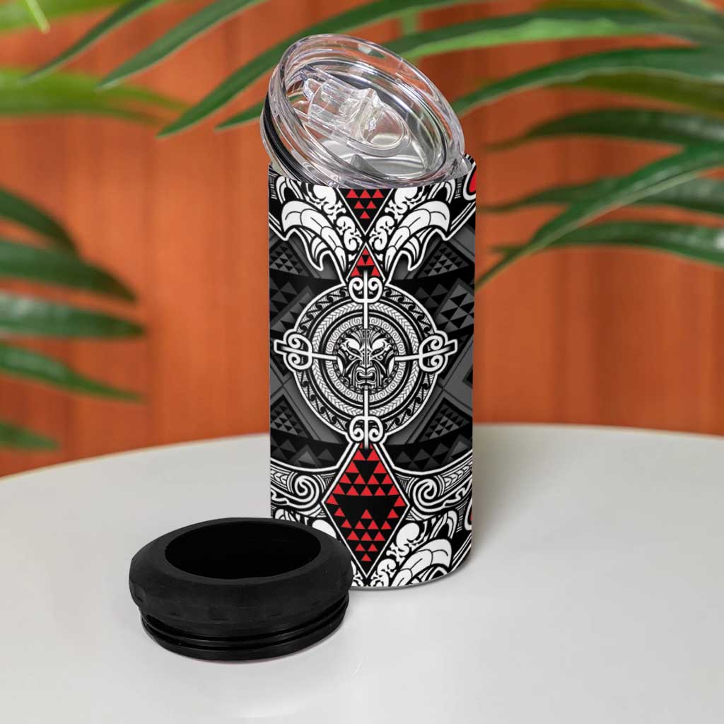 Black Aotearoa Taniko Motif 4 in 1 Can Cooler Tumbler Vintage Maori New Zealand Tribal Art Pattern LT9 - Polynesian Pride