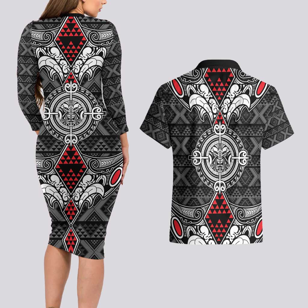 Black Aotearoa Tanilo Motif Couples Matching Long Sleeve Bodycon Dress and Hawaiian Shirt Vintage Maori New Zealand Tribal Art Pattern LT9 - Polynesian Pride